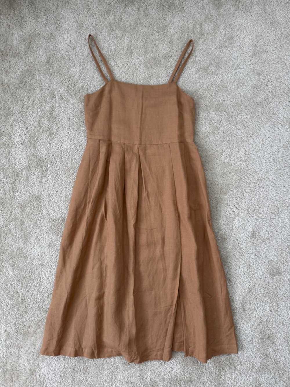 First Rite Linen Pleated Caramel Midi Dress Small